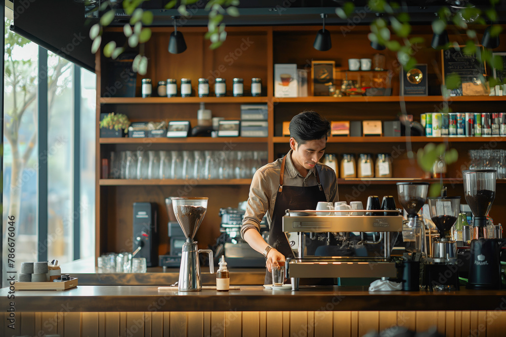 Younbg barista working in modern cafe, coffee shop with specialty coffee