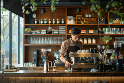 Younbg barista working in modern cafe, coffee shop with specialty coffee