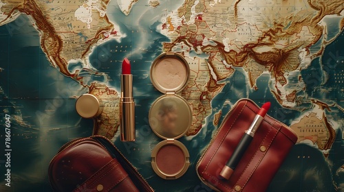 Travel Essential Makeup: Compact Powder, Lipstick, and Mascara Arranged on a Map photo
