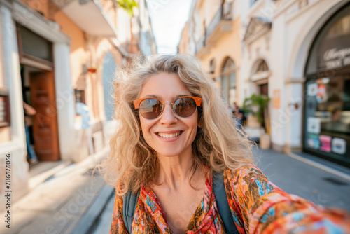 Fototapeta Naklejka Na Ścianę i Meble -  Beautiful middle aged woman smiling happy walking on city streets on sunny day and taking selfie photo using smartphone. Self portrait of attractive woman. Summer, vacation, holiday, solo travel