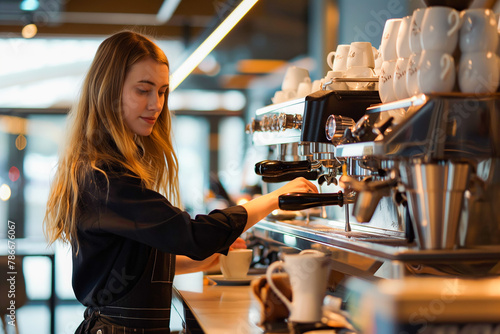 Younbg barista working in modern cafe, coffee shop with specialty coffee photo