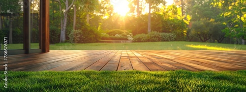 Modern home with wooden edged artificial grass in the front yard Copy space image Place for adding text or design