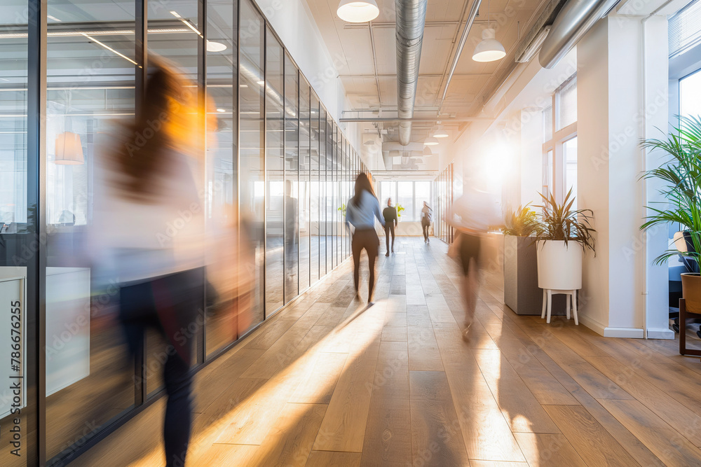 Bright business workplace with people in walking in blurred motion in modern office space Bright business workplace with people in walking in blurred motion in modern office space