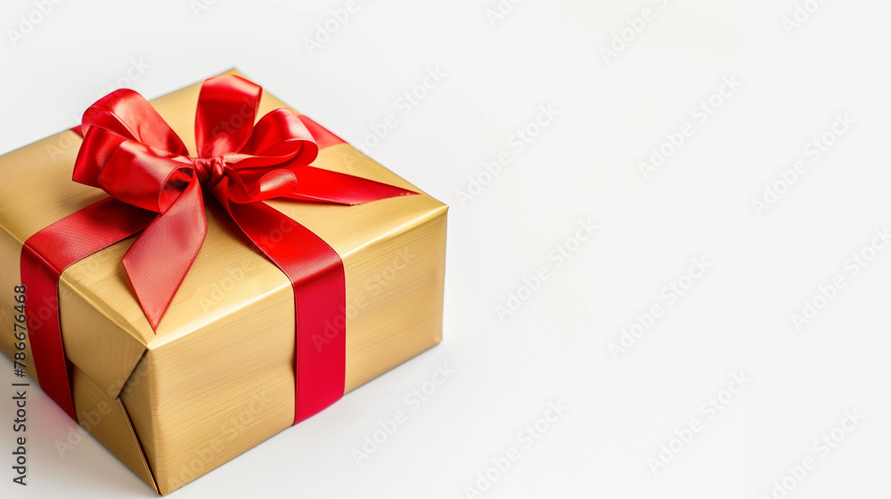 Obraz premium A gold box with a red bow on top of it. The box is sitting on a white surface -02
