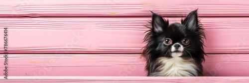 Banner long-haired Chihuahua in black and white coloring on pink wooden planks background, pet day, pet shop