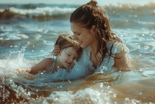 A woman and a little girl standing in the water. Suitable for family vacation concept
