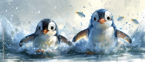 Penguin with fish smiling, watercolor illustration good for cards and prints