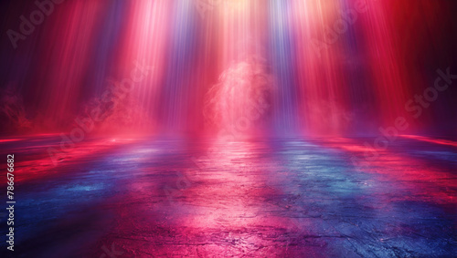 Mystical atmosphere with intense red and blue lights illuminating a textured floor with ethereal smoke rising. Dramatic and atmospheric scene that exudes otherworldly mood. photo