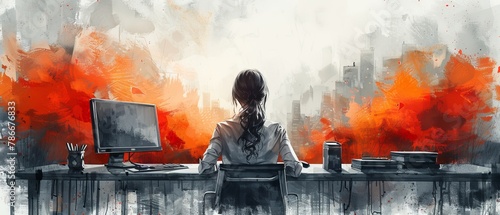 A young girl sits in her home office, modern flat illustration