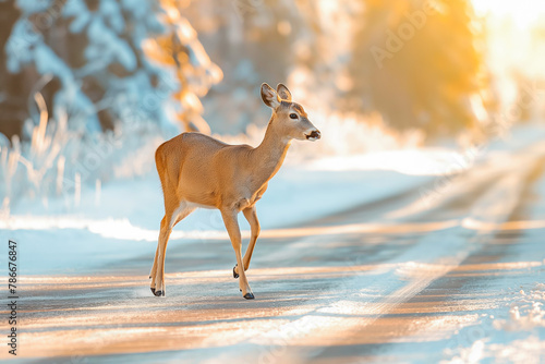 Deer run across road in early morning or evening during winter. Road hazards, wildlife and transport.