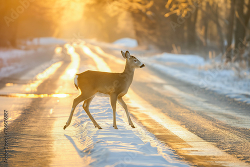 Deer run across road in early morning or evening during winter. Road hazards, wildlife and transport.