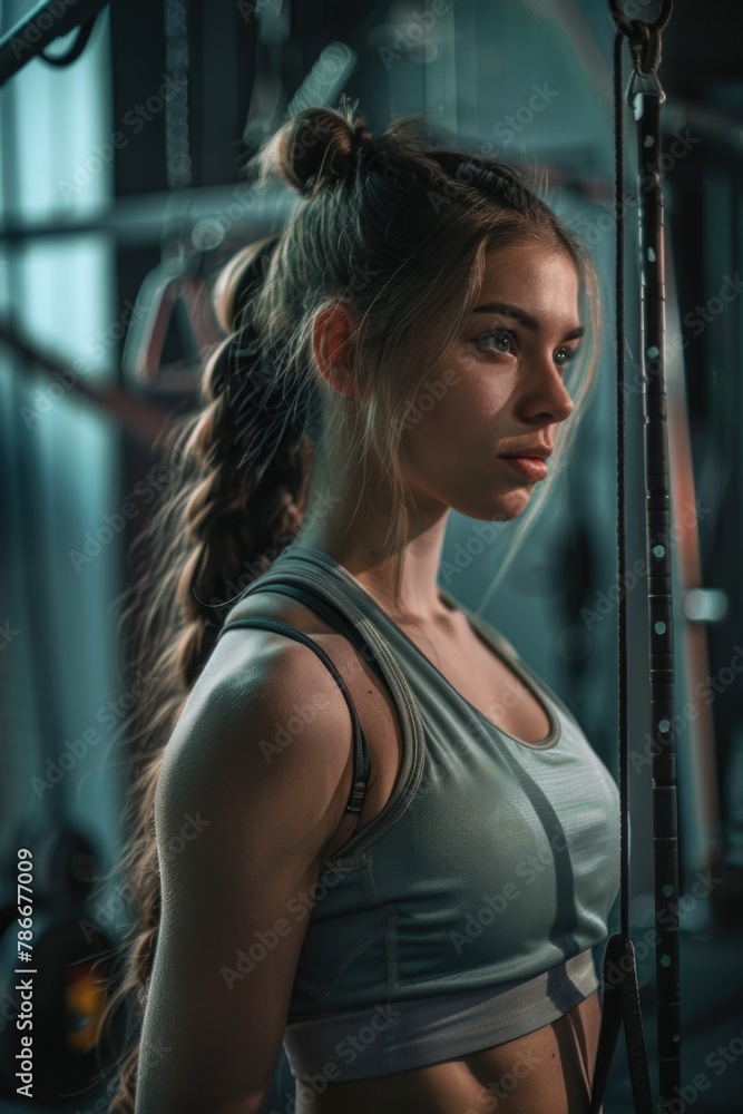 A woman with a ponytail working out in a gym. Suitable for fitness and lifestyle concepts A woman with a ponytail working out in a gym. Suitable for fitness and lifestyle concepts