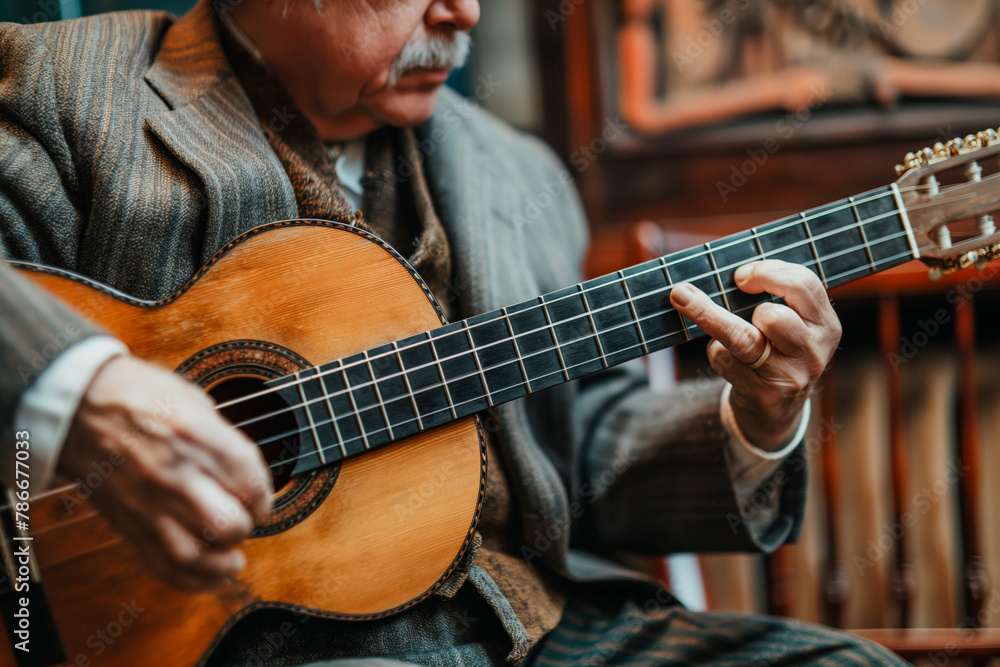 Fototapeta premium Eldery man in classical suit playing acoustic guitar. Spanish traditional live music performance