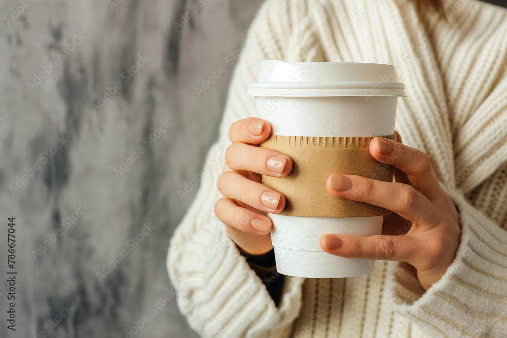 Female hands holds blank white disposable coffee cup. Mock up Female hands holds blank white disposable coffee cup. Mock up