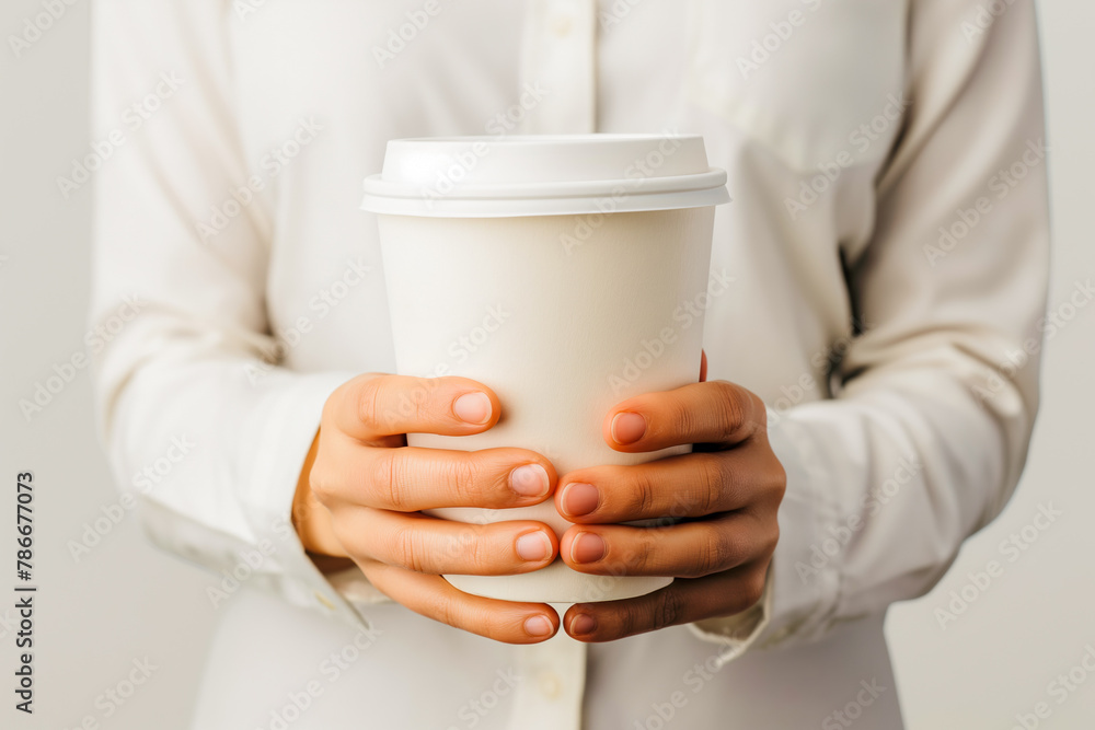Female hands holds blank white disposable coffee cup. Mock up Female hands holds blank white disposable coffee cup. Mock up