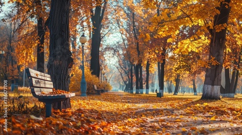 A park bench sitting in the middle of a leaf covered park. Suitable for outdoor furniture advertisements © Fotograf