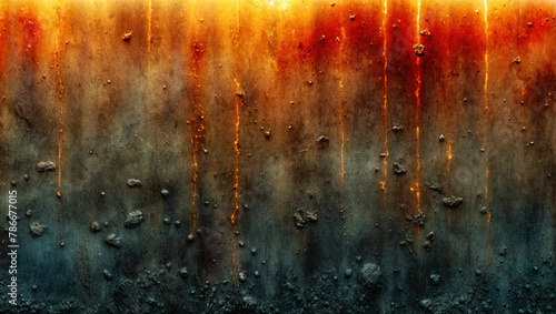 Of a rusted metal surface with a rich texture of orange and brownish grey tones. Corrosion creates abstract pattern.