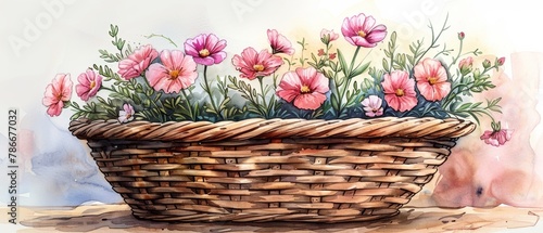 An adorable wicker basket decorated with flowers and clipart works perfectly as a card decoration  wedding  Easter  and pet theme illustration.