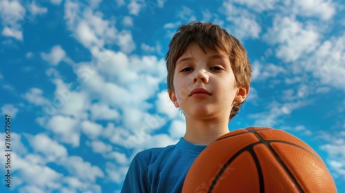 Young boy holding a basketball in front of a clear blue sky. Perfect for sports and outdoor activities concepts