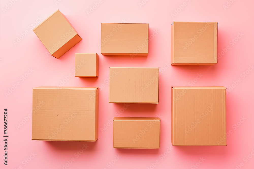 Group of brown cardboard boxes different size on pastel pink background. Mock up. Top view Group of brown cardboard boxes different size on pastel pink background. Mock up. Top view