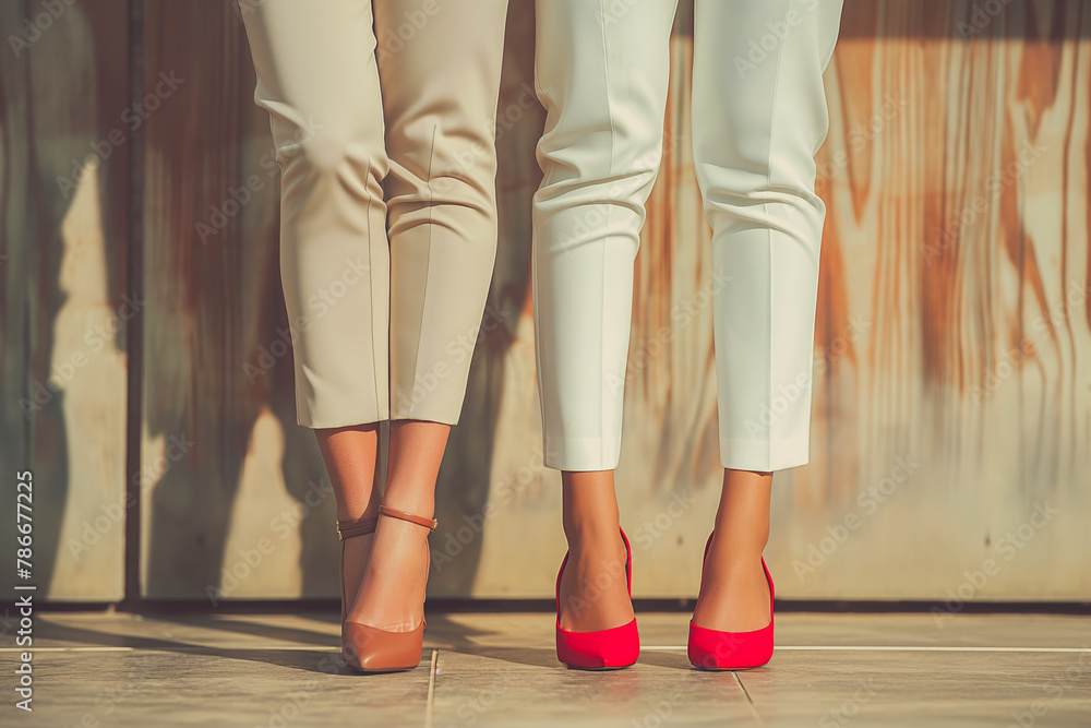 Legs of two girls in elegant suits and red high heels standing together ...