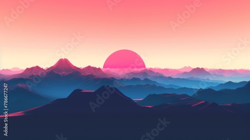 Stylized digital mountains with a pink and blue sunset gradient