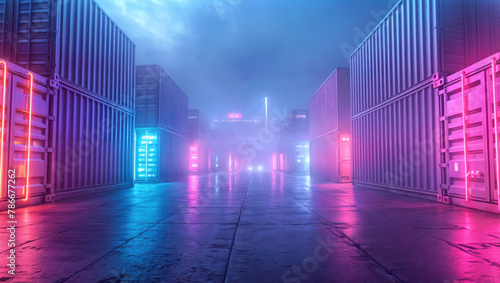 Mysterious and enigmatic atmosphere at a foggy container port illuminated by intense and colorful neon lights creating a dramatic cyberpunk scene.