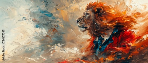 Aristocratic lion painting, modern art poster, original style, pastiche, portrait photo