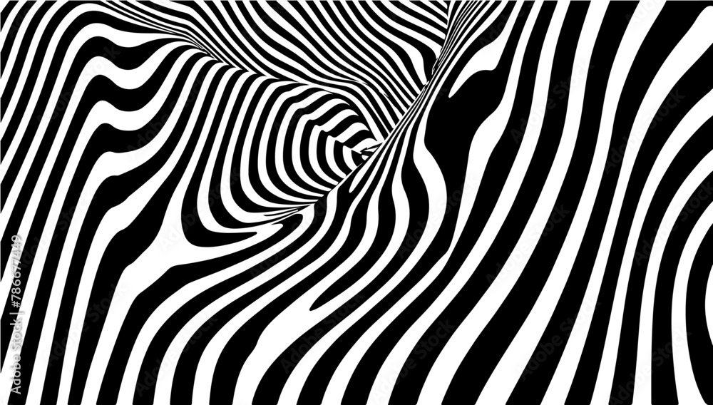 Naklejka premium Abstract hypnotic pattern with black-white striped lines. Psychedelic background. Op art, optical illusion. Technology Half tone Pattern Background or modern design, graphic texture