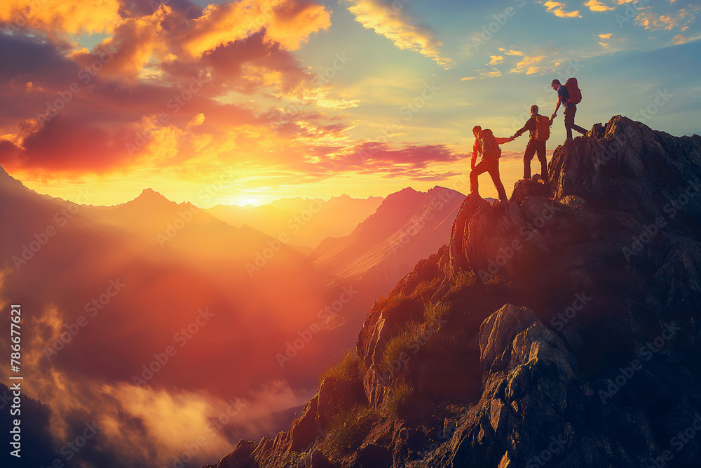 Panoramic view of team of people holding hands and helping each other reach the mountain top in spectacular mountain sunset landscape Panoramic view of team of people holding hands and helping each other reach the mountain top in spectacular mountain sunset landscape