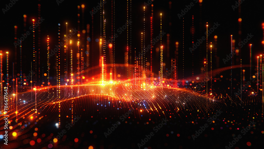Obraz premium Abstract digital landscape of glowing particles and lines representing data flow and network connectivity in a colorful spectrum.