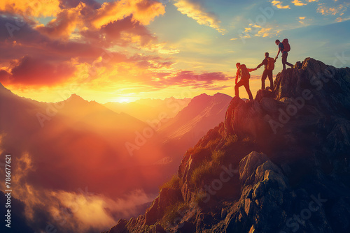 Panoramic view of team of people holding hands and helping each other reach the mountain top in spectacular mountain sunset landscape photo
