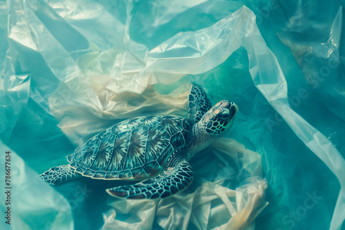 Plastic pollution in ocean environmental problem. Turtle hardly trapped in used plastic bag in ocean water