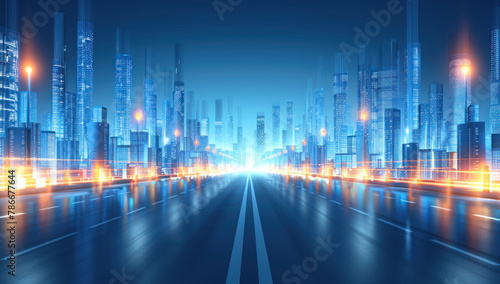 Futuristic cityscape with illuminated skyscrapers and a wide highway under the blue tone lighting. Modern urban metropolis at night showcasing technology and architecture.