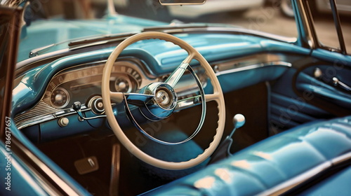 Vintage car interior, blue color with chrome details, steering wheel 