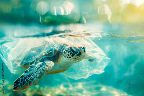 Plastic pollution in ocean environmental problem. Turtle hardly trapped in used plastic bag in ocean water