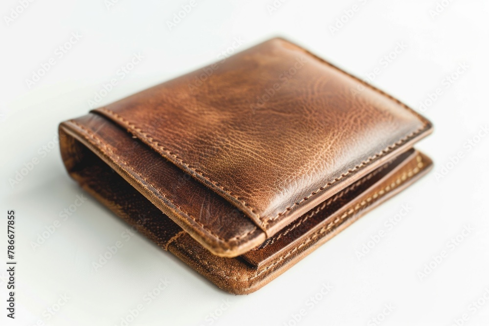 A brown leather wallet placed on a white table. Suitable for finance and lifestyle concepts A brown leather wallet placed on a white table. Suitable for finance and lifestyle concepts