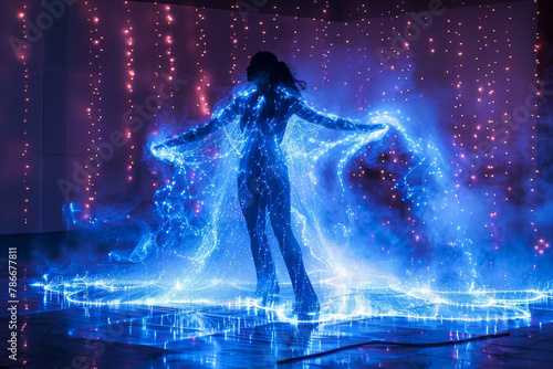 A mesmerizing performance art piece merging dance, music, and visual effects to create a multisensory experience. Concept of interdisciplinary creativity. Generative Ai.
