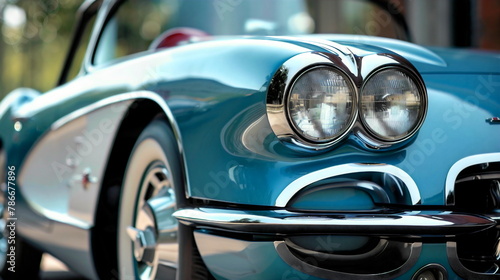Headlight and front end of an old blue vintage car with chrome details 
