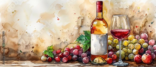 This hand-drawn food illustration will be ideal for cards and print projects. Vane bottle with glass of vine  modern clipart  can be used for design purposes