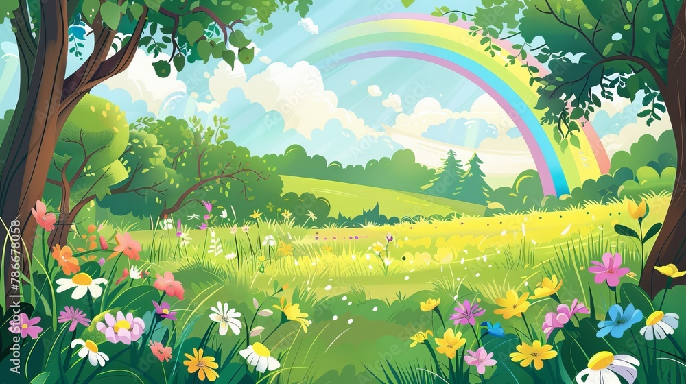 An illustration of a spring landscape depicting a forest with trees, grass, and a valley park. The scene includes a meadow filled with flowers and a rainbow in the background.

