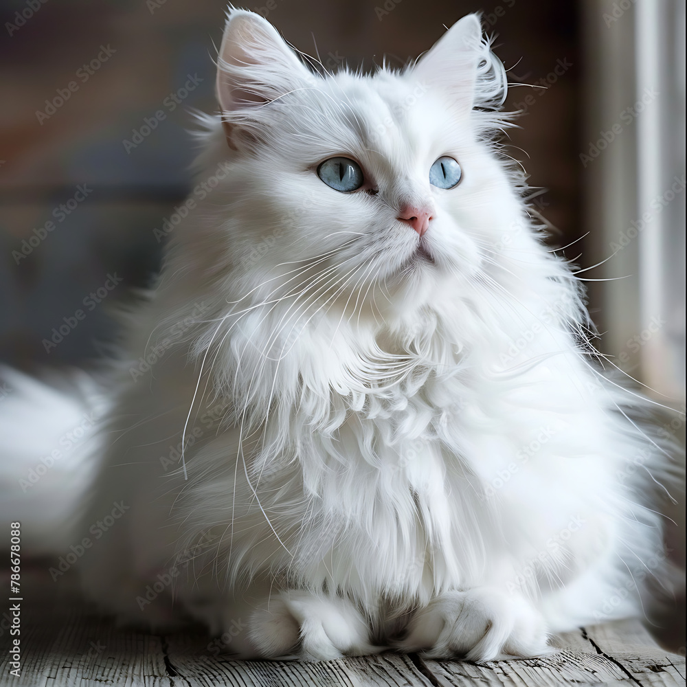 Beautiful fluffy white cat with alert expression