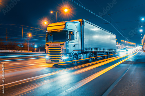 Truck city street, highway in night time. Motion blur, light trails. Transportation, logistic