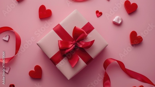 White gift box with red ribbon and hearts, perfect for Valentine's Day gifts © Fotograf