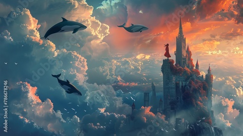 In a digital painting, a girl stands atop a castle as whales leap among the clouds. This is a horizontal illustration.