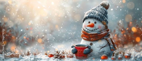 Clipart of a snowman drinking hot chocolate with a cup of hot coffee, a great illustration for cards and prints.