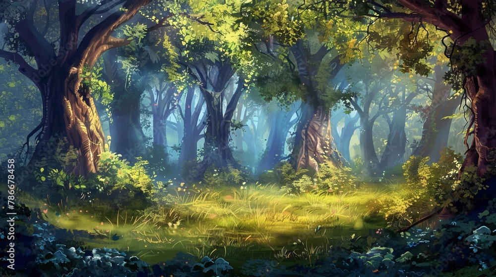A stunning enchanted forest filled with large, magical trees and lush vegetation. This is a digital painting illustration serving as a background.