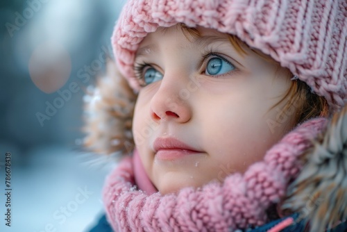 A little girl wearing a pink hat and scarf. Suitable for winter fashion concept
