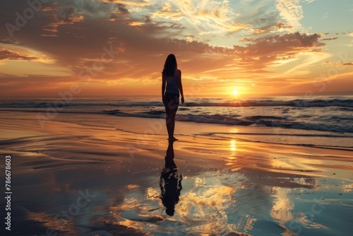 A serene image of a woman strolling on the beach at sunset. Suitable for travel and relaxation concepts