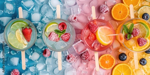 Fresh fruit and ice cubes on a table, perfect for summer refreshment photo